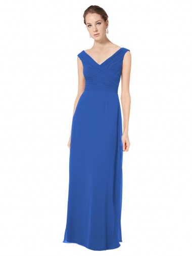 Bleu roi Trapèze Épaule Dénudée Col V Mousseline Longue Robes demoiselle d'honneur en Gros