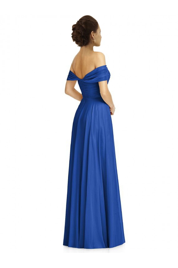 Bleu roi Trapèze Épaule Dénudée Mousseline Longue Robes demoiselle d'honneur en Gros