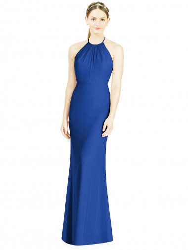 Bleu roi Trompette Licou Col Haut Mousseline Longue Robes demoiselle d'honneur en Gros
