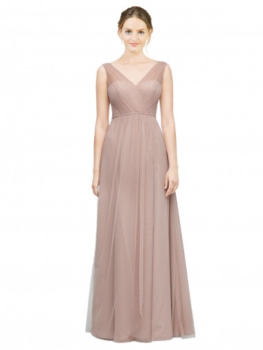 Blush Trapèze Col V Tulle Longue Robes demoiselle d'honneur en Gros
