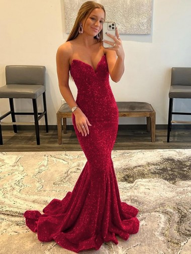 Bordeaux Fourreau Balayage train Paillettes Velours Longue Robes de bal en Gros