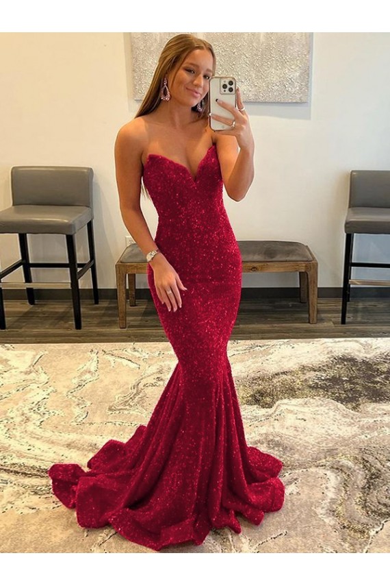 Bordeaux Fourreau Balayage train Paillettes Velours Longue Robes de bal en Gros