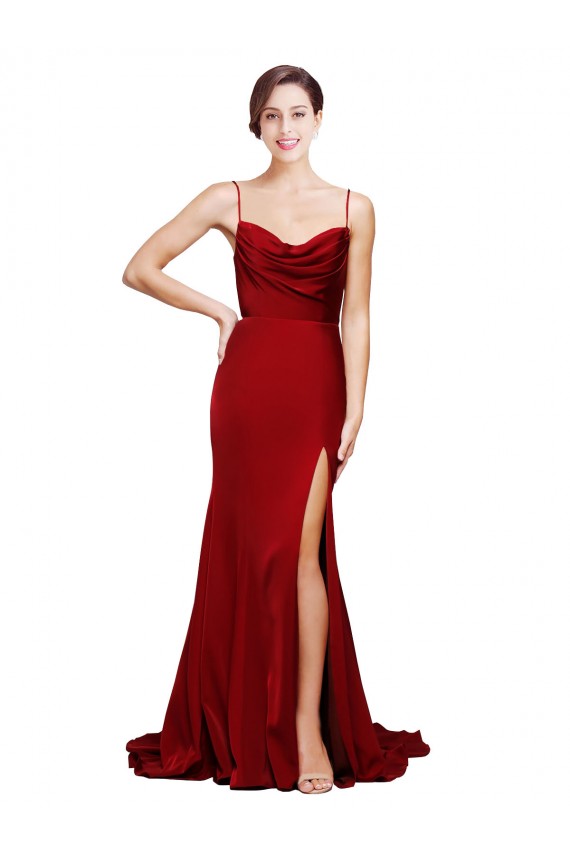 Bordeaux Fourreau Bretelles spaghetti Balayage train Satiné Stretch Longue Formelles Robes demoiselle d'honneur / Robes de soirée / Robes de bal en Gros