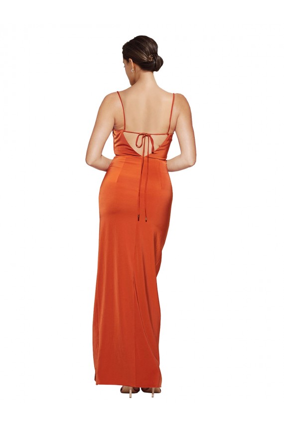 Rust Fourreau Bretelles spaghetti Balayage train Satiné Stretch Longue Formelles Robes demoiselle d'honneur / Robes de soirée / Robes de bal en Gros