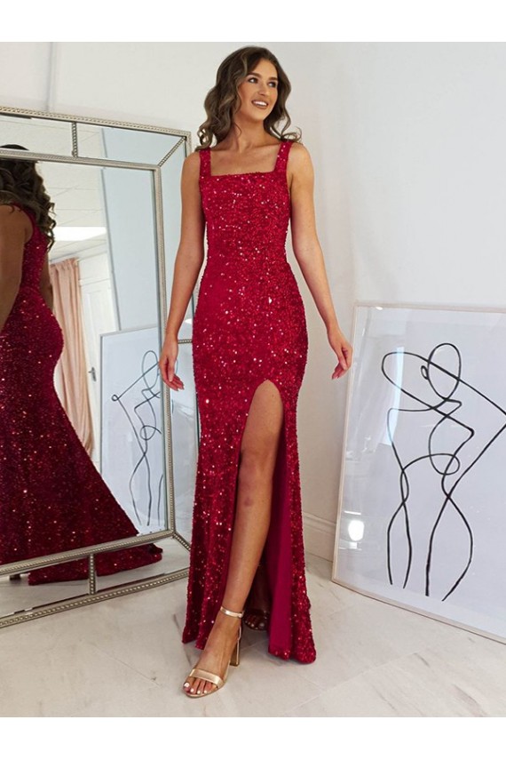 Bordeaux Fourreau Col Carré Paillettes Velours Longue Robes de bal en Gros
