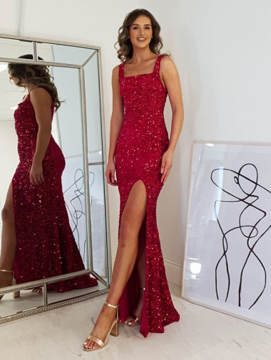 Bordeaux Fourreau Col Carré Paillettes Velours Longue Robes de bal en Gros