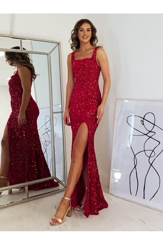 Bordeaux Fourreau Col Carré Paillettes Velours Longue Robes de bal en Gros