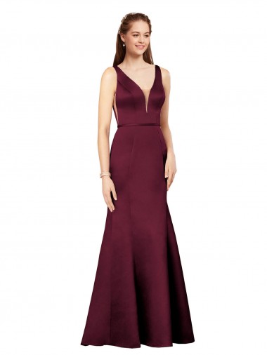 Bordeaux Fourreau Col V Satiné Longue Formelles Robes demoiselle d'honneur / Robes de soirée / Robes de bal en Gros