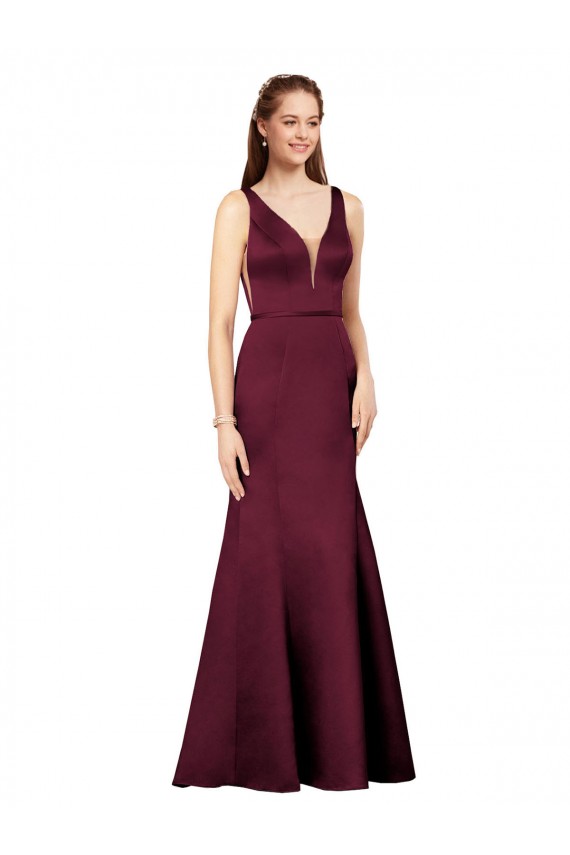 Bordeaux Fourreau Col V Satiné Longue Formelles Robes demoiselle d'honneur / Robes de soirée / Robes de bal en Gros