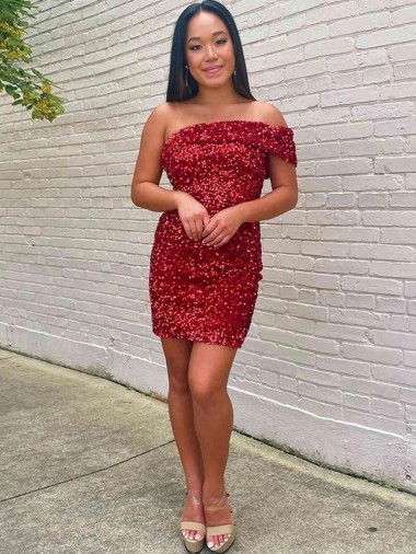 Bordeaux Fourreau Courte Paillettes Velours Courte Robes de bal en Gros