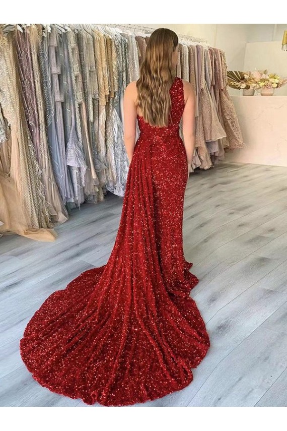 Bordeaux Fourreau Traîne moyenne Paillettes Velours Longue Robes de bal en Gros