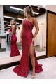 Bordeaux Sirène Balayage train Paillettes Velours Longue Robes de bal en Gros
