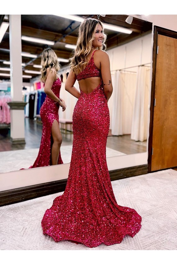 Bordeaux Sirène Balayage train Paillettes Velours Longue Robes de bal en Gros