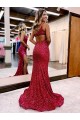 Bordeaux Sirène Balayage train Paillettes Velours Longue Robes de bal en Gros