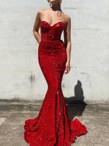 Bordeaux Sirène Traîne moyenne Paillettes Velours Longue Robes de bal en Gros
