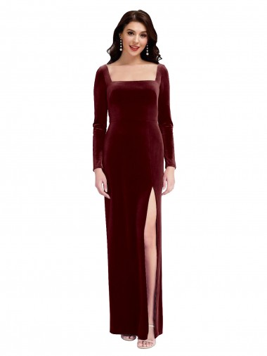 Bordeaux Trapèze Bretelles spaghetti Col Carré Velours Stretch Longue Robes demoiselle d'honneur / Robes de bal en Gros