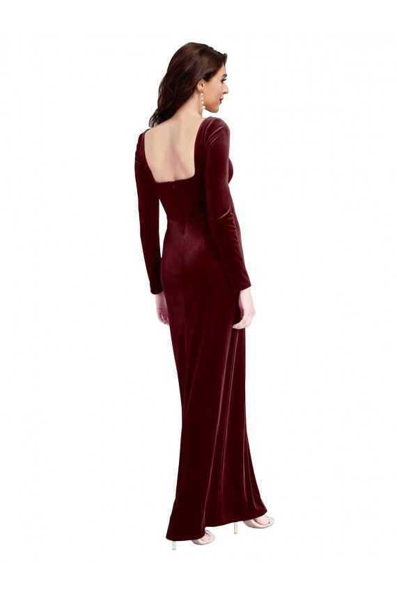 Bordeaux Trapèze Bretelles spaghetti Col Carré Velours Stretch Longue Robes demoiselle d'honneur / Robes de bal en Gros