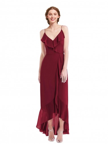 Bordeaux Trapèze Bretelles spaghetti Col V Mousseline Longue Asymétrique Robes demoiselle d'honneur en Gros