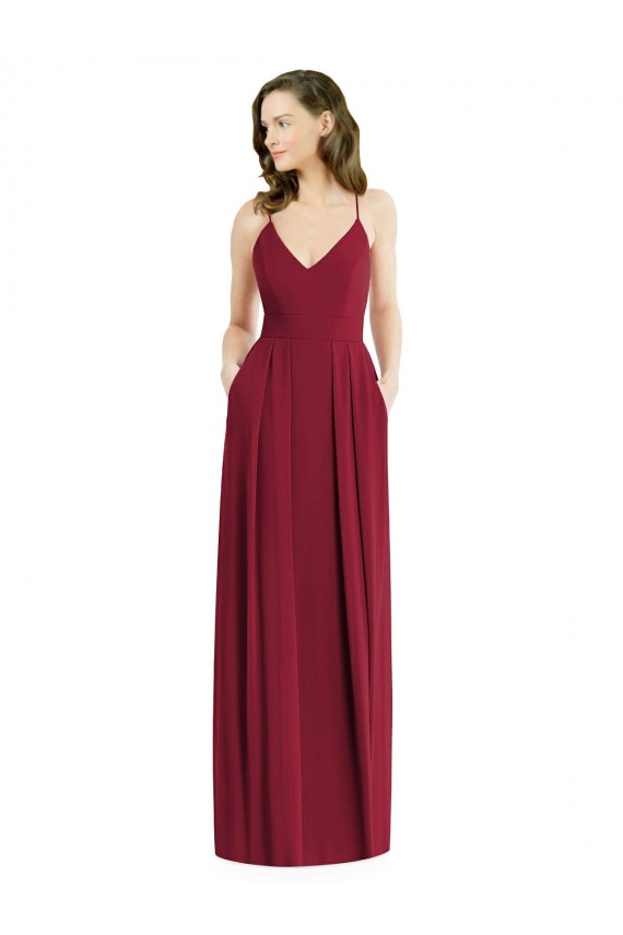 Bordeaux Trapèze Bretelles spaghetti Col V Mousseline Longue Robes demoiselle d'honneur en Gros
