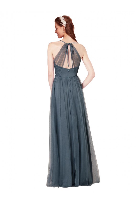 Bordeaux Trapèze Bretelles spaghetti Col V Tulle Longue Robes demoiselle d'honneur en Gros