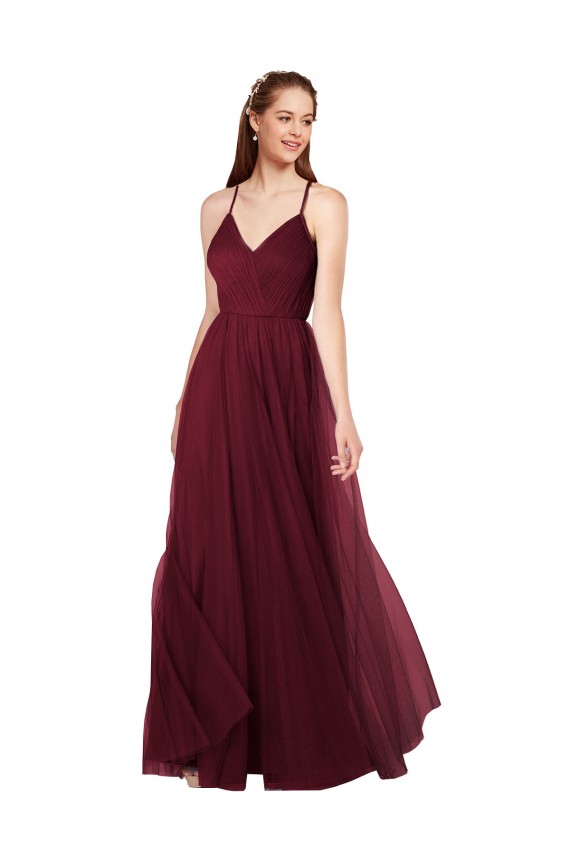 Bordeaux Trapèze Bretelles spaghetti Col V Tulle Longue Robes demoiselle d'honneur en Gros