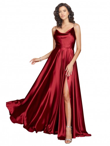 Bordeaux Trapèze Bretelles spaghetti Satiné Soyeux Longue Formelles Robes demoiselle d'honneur / Robes de soirée / Robes de bal en Gros