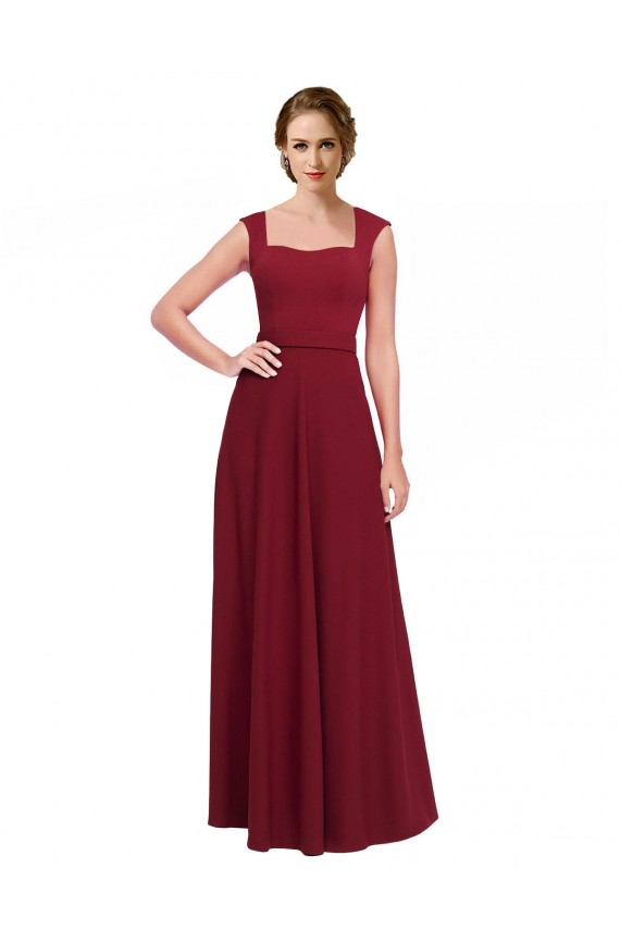 Bordeaux Trapèze Col Carré Crêpe Stretch Longue Robes demoiselle d'honneur / Robes de bal en Gros