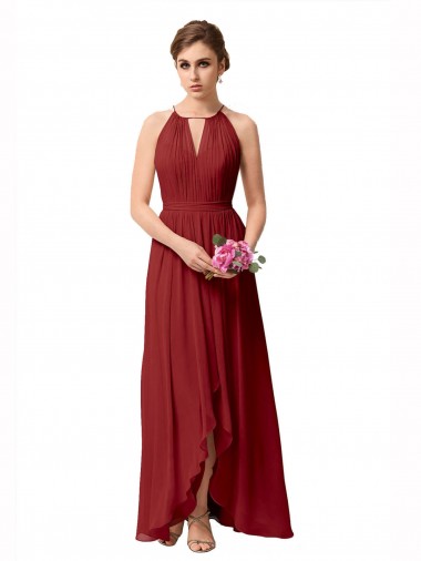 Bordeaux Trapèze Col Haut Mousseline Longue Asymétrique Robes demoiselle d'honneur en Gros