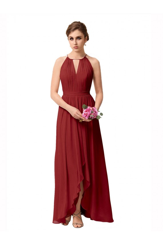 Bordeaux Trapèze Col Haut Mousseline Longue Asymétrique Robes demoiselle d'honneur en Gros