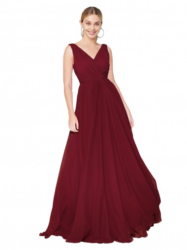 Bordeaux Trapèze Col V Mousseline Longue Formelles Robes demoiselle d'honneur / Robes de soirée / Robes de bal en Gros