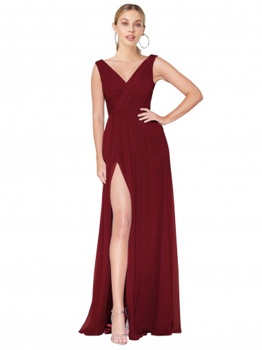 Bordeaux Trapèze Col V Mousseline Longue Formelles Robes demoiselle d'honneur / Robes de soirée / Robes de bal en Gros