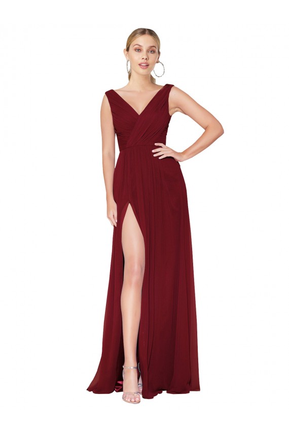 Bordeaux Trapèze Col V Mousseline Longue Formelles Robes demoiselle d'honneur / Robes de soirée / Robes de bal en Gros
