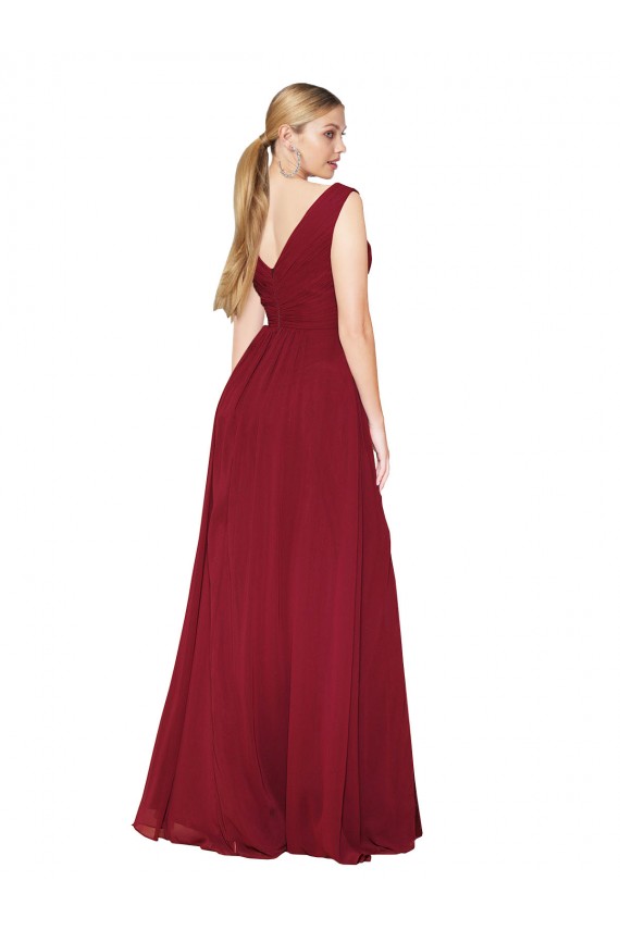 Bordeaux Trapèze Col V Mousseline Longue Formelles Robes demoiselle d'honneur / Robes de soirée / Robes de bal en Gros