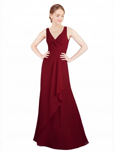 Bordeaux Trapèze Col V Mousseline Longue Robes demoiselle d'honneur en Gros