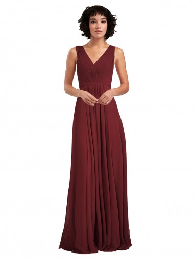 Bordeaux Trapèze Col V Mousseline Longue Robes demoiselle d'honneur en Gros