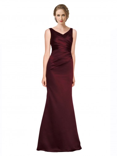 Bordeaux Trapèze Col V Satiné Longue Formelles Robes demoiselle d'honneur / Robes de soirée / Robes de bal en Gros