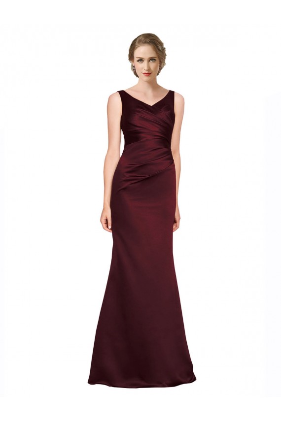 Bordeaux Trapèze Col V Satiné Longue Formelles Robes demoiselle d'honneur / Robes de soirée / Robes de bal en Gros