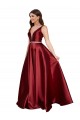 Bordeaux Trapèze Col V Satiné Longue Formelles Robes demoiselle d'honneur / Robes de soirée / Robes de bal en Gros