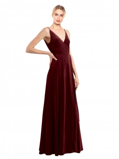 Bordeaux Trapèze Col V Velours Stretch Longue Formelles Robes demoiselle d'honneur / Robes de soirée / Robes de bal en Gros