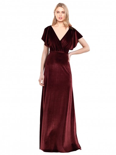 Bordeaux Trapèze Col V Velours Stretch Longue Robes demoiselle d'honneur / Robes de bal en Gros