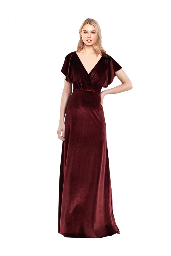 Bordeaux Trapèze Col V Velours Stretch Longue Robes demoiselle d'honneur / Robes de bal en Gros