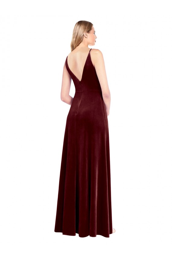 Bordeaux Trapèze Col V Velours Stretch Longue Robes demoiselle d'honneur / Robes de bal en Gros