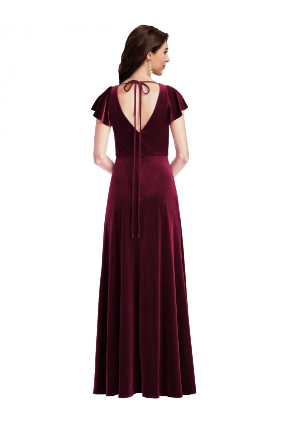 Bordeaux Trapèze Col V Velours Stretch Longue Robes demoiselle d'honneur / Robes de bal en Gros