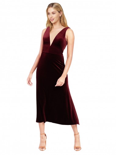 Bordeaux Trapèze Col V midi Velours Stretch Courte Robes demoiselle d'honneur / Robes de bal / Robes de cocktail en Gros
