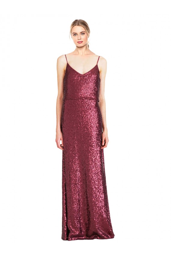 Bordeaux Trapèze Licou Col Haut Paillette Longue Formelles Robes demoiselle d'honneur / Robes de soirée / Robes de bal en Gros
