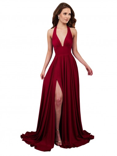 Bordeaux Trapèze Licou Col V Spandex Longue Formelles Robes demoiselle d'honneur / Robes de soirée / Robes de bal en Gros