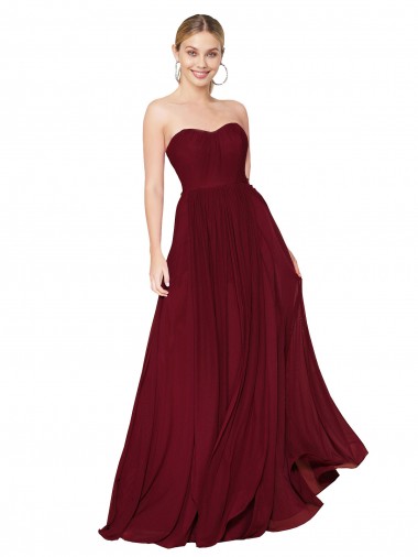 Bordeaux Trapèze Sans bretelle Mousseline Longue Formelles Robes demoiselle d'honneur / Robes de soirée / Robes de bal en Gros