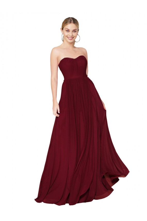 Bordeaux Trapèze Sans bretelle Mousseline Longue Formelles Robes demoiselle d'honneur / Robes de soirée / Robes de bal en Gros