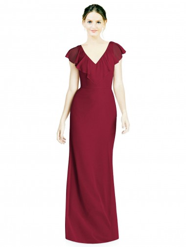 Bordeaux Trompette Col V Mousseline Longue Robes demoiselle d'honneur en Gros