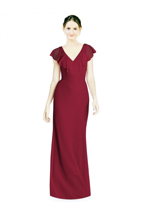 Bordeaux Trompette Col V Mousseline Longue Robes demoiselle d'honneur en Gros